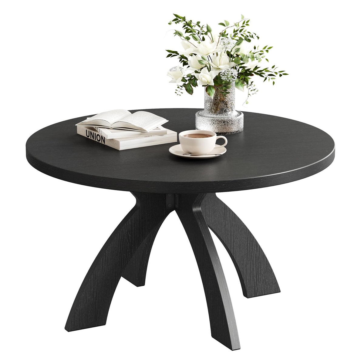 31.5" Round Wood Coffee Table with Cross Legs, Black K71540