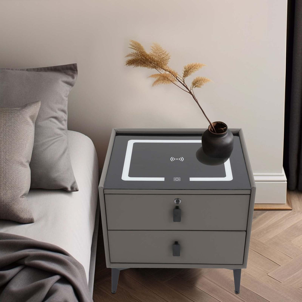 Dark Grey Smart Nightstand with Wireless Charging and LED Lights D221
