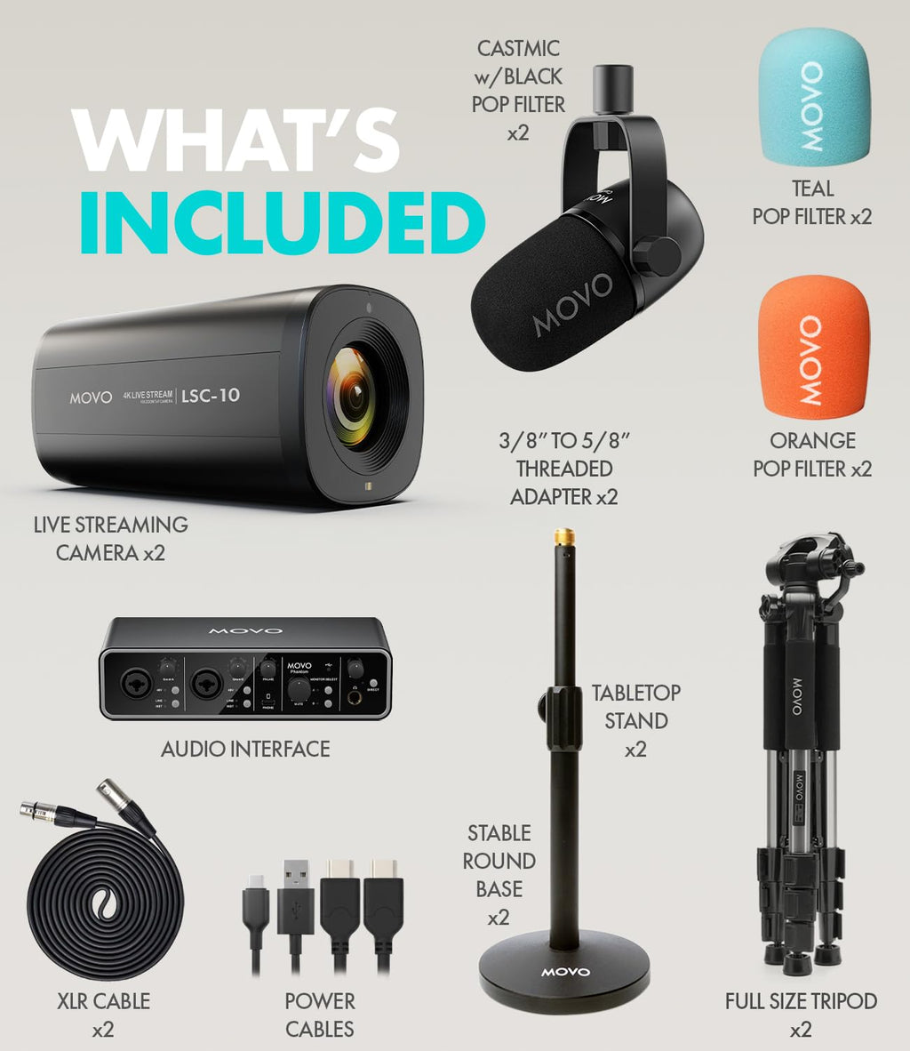 USB Audio Interface 2 XLR Dynamic Microphones 2 4K UHD Cameras Podcast Equipment Bundle K350
