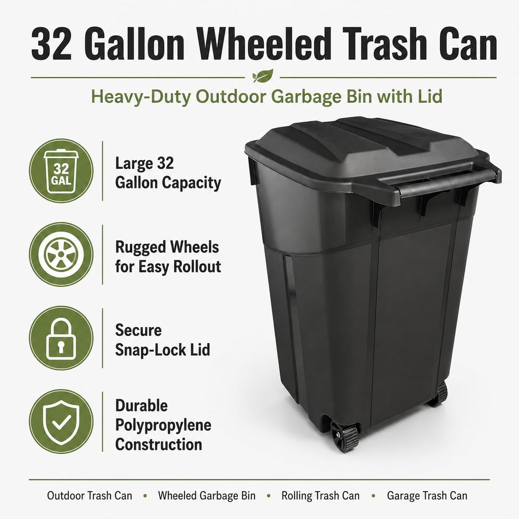 32 Gallon Wheeled Heavy-Duty Outdoor Trash Can S58182