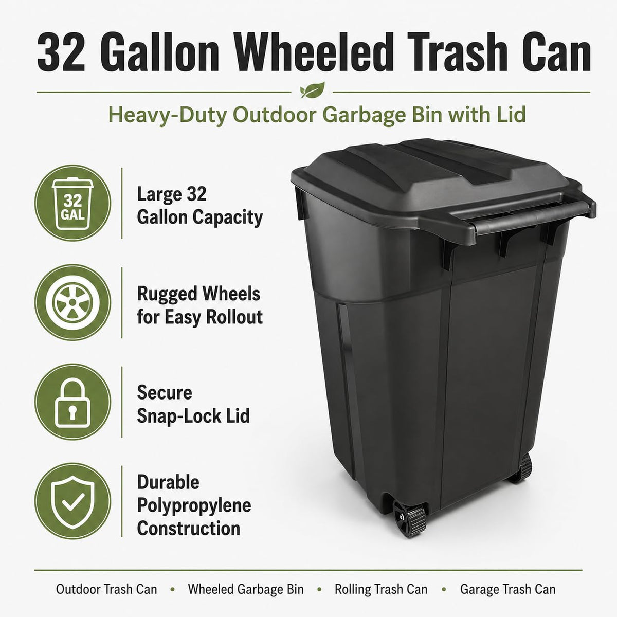 32 Gallon Wheeled Heavy-Duty Outdoor Trash Can S58182