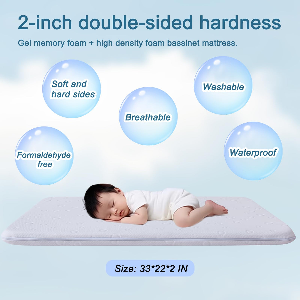 Baby Bassinet Mattress, 42" x 24" x 2" Dual Sided Gel Memory Foam with Removable Cover O797