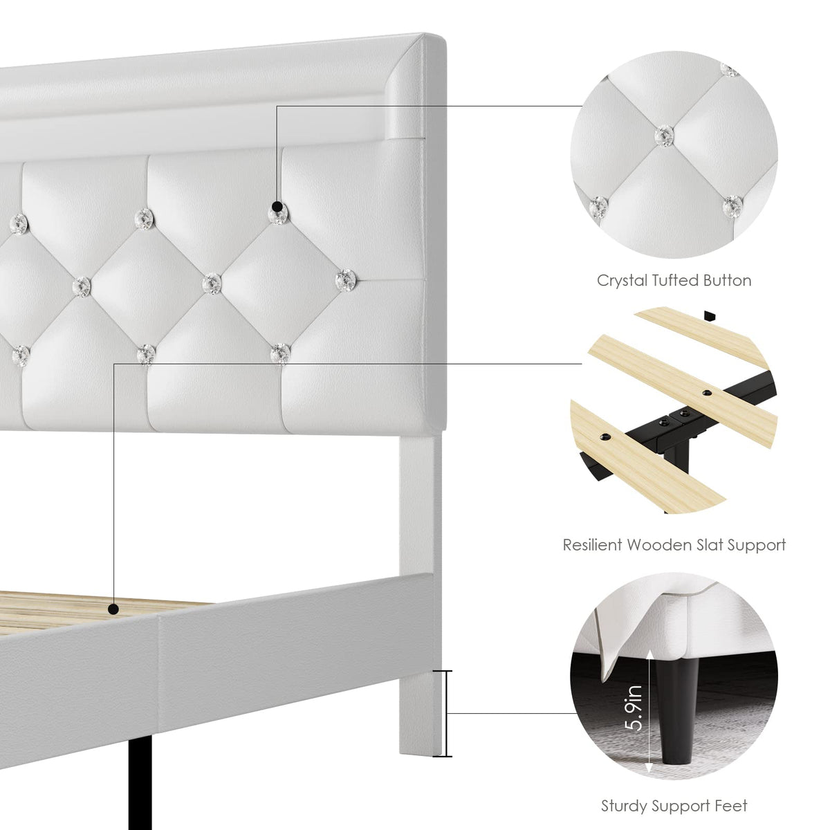 White Faux Leather Upholstered Full Size Platform Bed Frame N644289