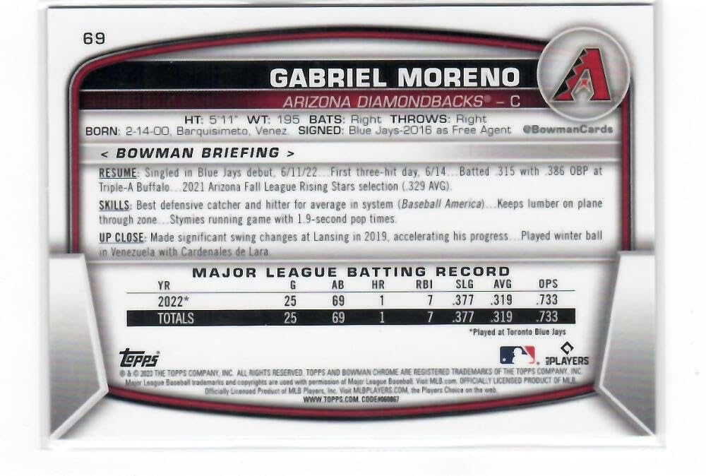 2023 Bowman Chrome Mega Box Mojo Refractor Navy #69 Gabriel Moreno RC Rookie Card /175 Arizona Diamondbacks Baseball NM-MT A86745