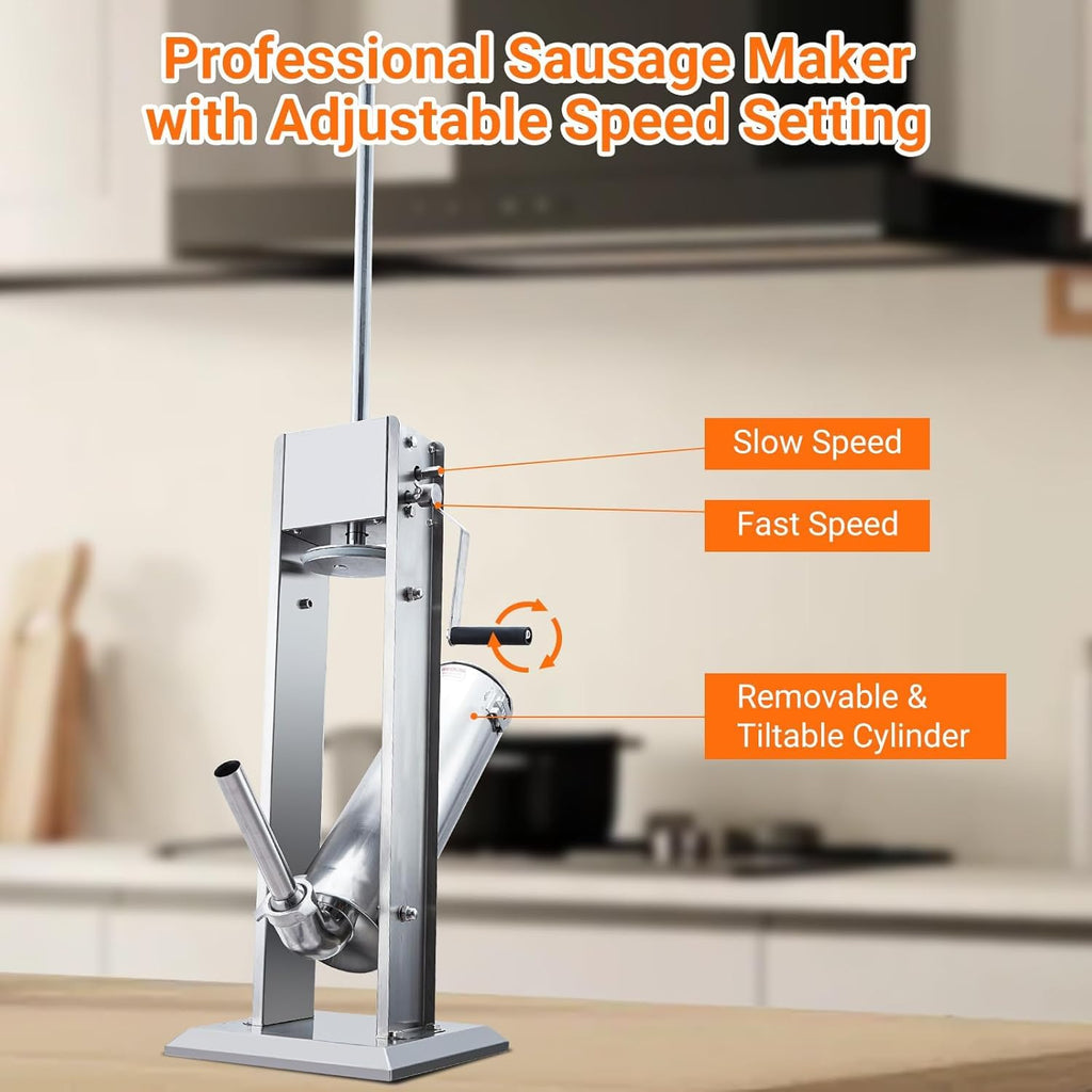 Two Speed Stainless Steel Vertical 15LBS Sausage Stuffer with 5 Stuffing Tubes R94113