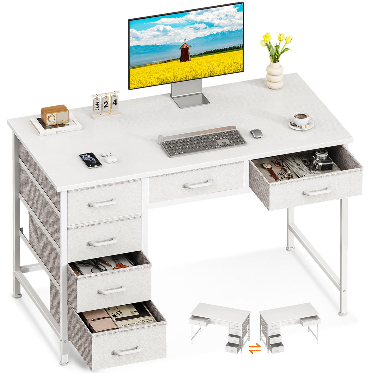 White Computer Desk with 6 Drawers I43665