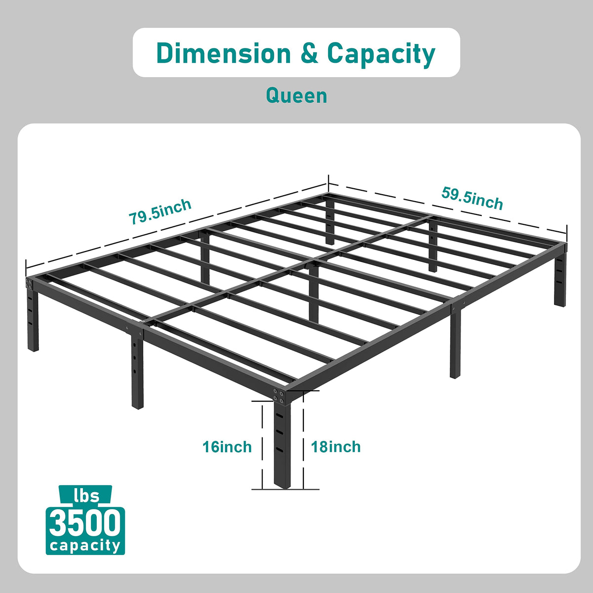 18 Inch Queen Metal Platform Bed Frame Heavy Duty Black Q99838