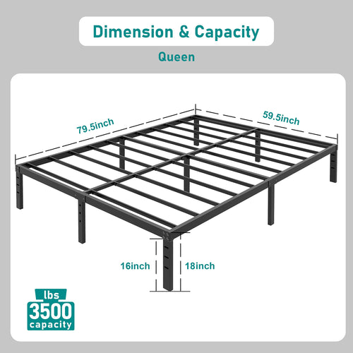 18 Inch Queen Metal Platform Bed Frame Heavy Duty Black Q99838