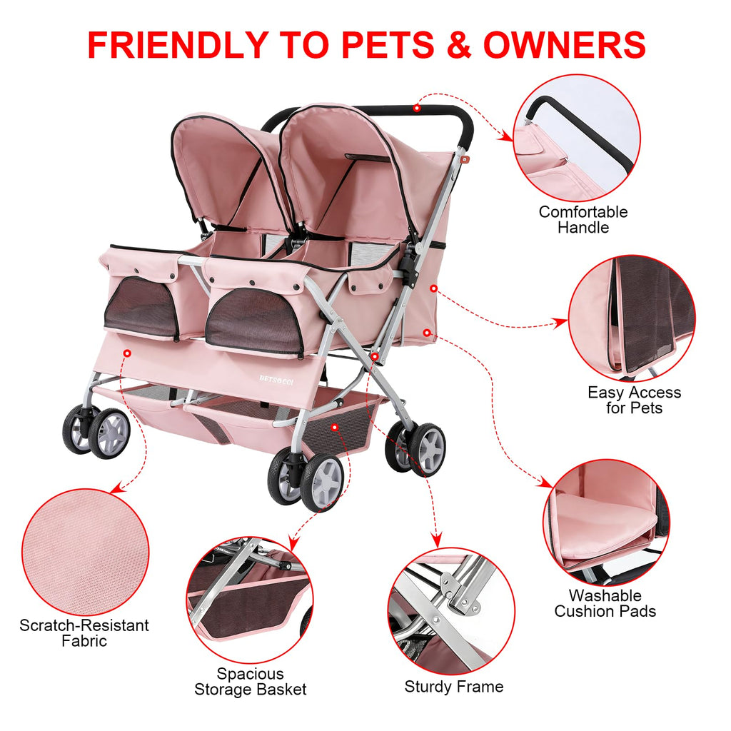 Double Pet Stroller for 2 Small Dogs & Cats, Side-by-Side Twin Travel Carriage with Safety Leashes, Mesh Windows & Double Storage Baskets, Lightweight & Foldable, 44lbs Capacity, Pink Y700273