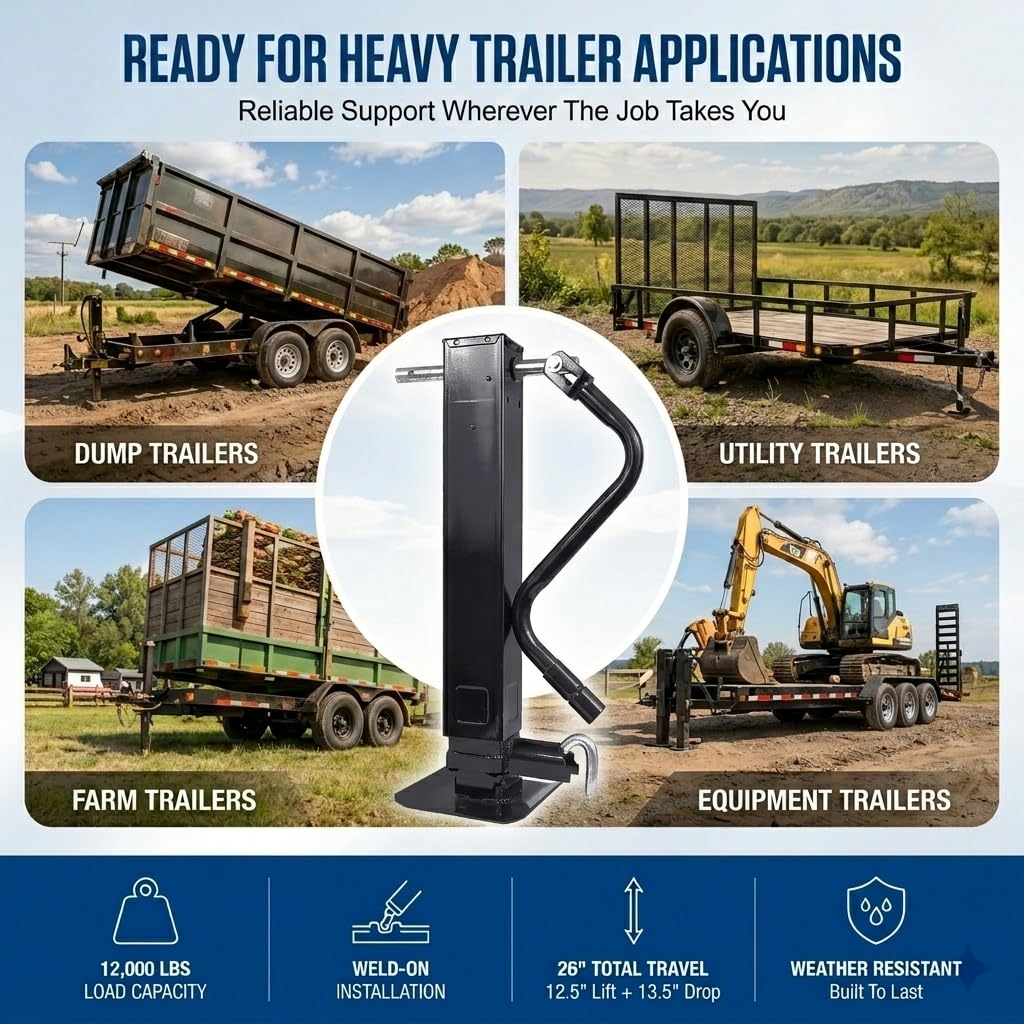 12000 LBS Weld-On Trailer Jack 4" Square Tube 26" Travel Side Wind Black M867456