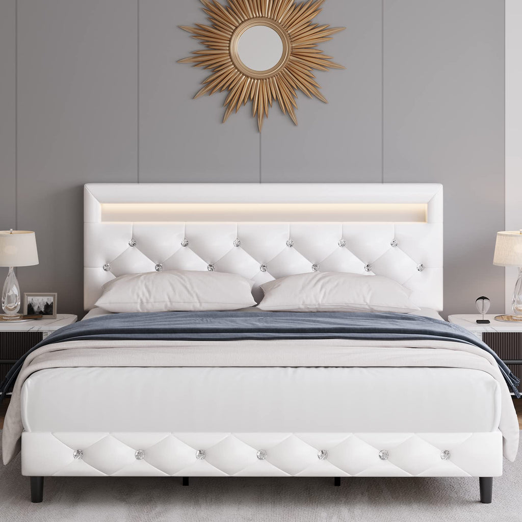 White Faux Leather Upholstered Full Size Platform Bed Frame N644289