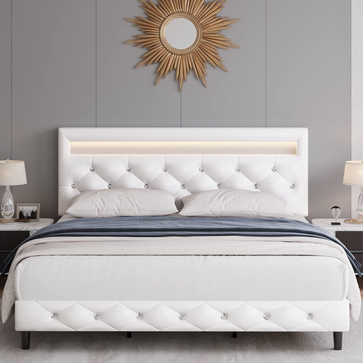 White Faux Leather Upholstered Full Size Platform Bed Frame N644289