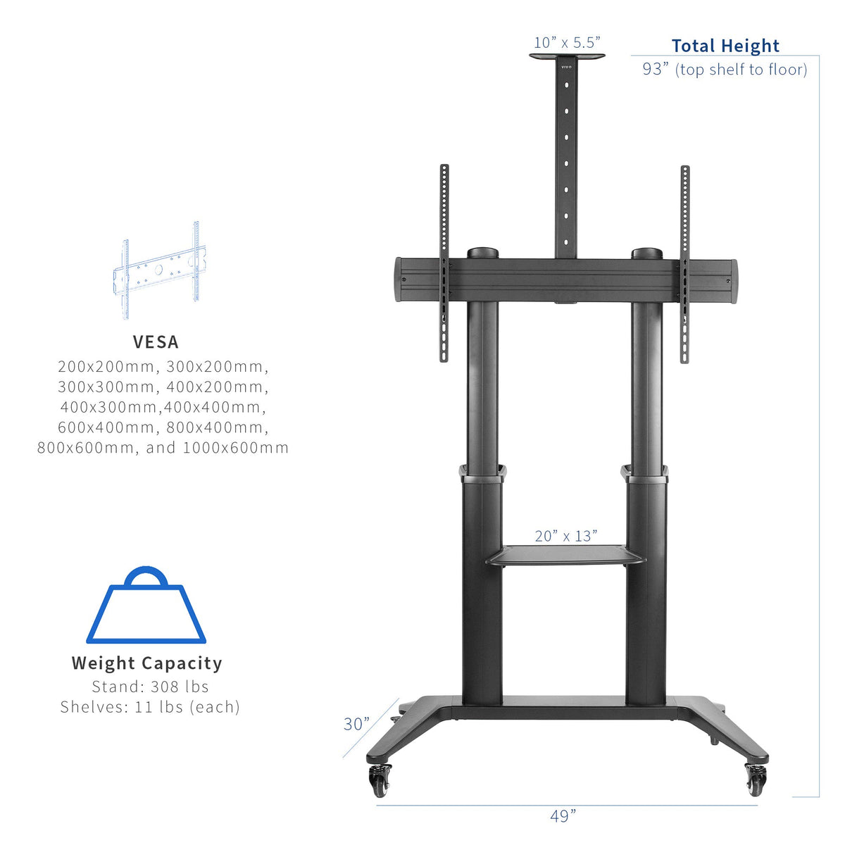 Aluminum Mobile TV Cart for 32 to 120 inch Screens up to 308 lbs, Black D55725