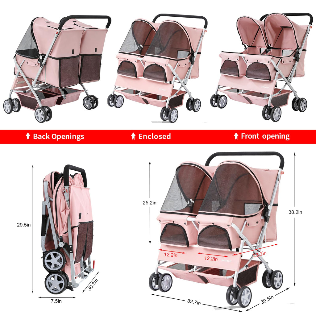 Double Pet Stroller for 2 Small Dogs & Cats, Side-by-Side Twin Travel Carriage with Safety Leashes, Mesh Windows & Double Storage Baskets, Lightweight & Foldable, 44lbs Capacity, Pink Y700273
