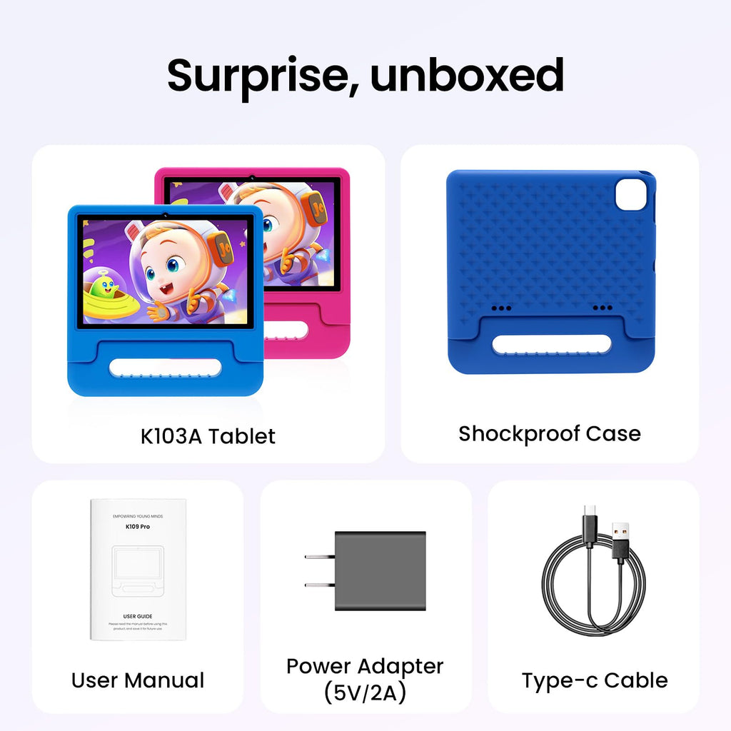 Android 16 Kids Tablet 10 Inch HD Display 8GB RAM 64GB ROM Blue P102