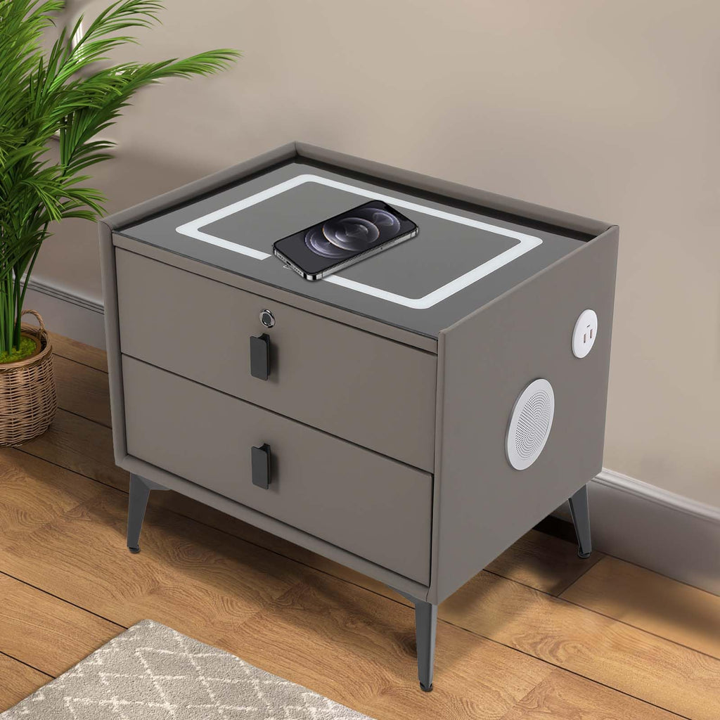 Dark Grey Smart Nightstand with Wireless Charging and LED Lights D221