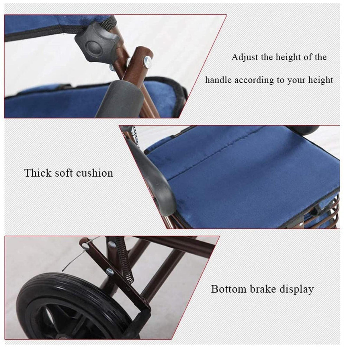 Rollator Walker Shopping Trolley with Seat Pedal Side Brake Red C67858