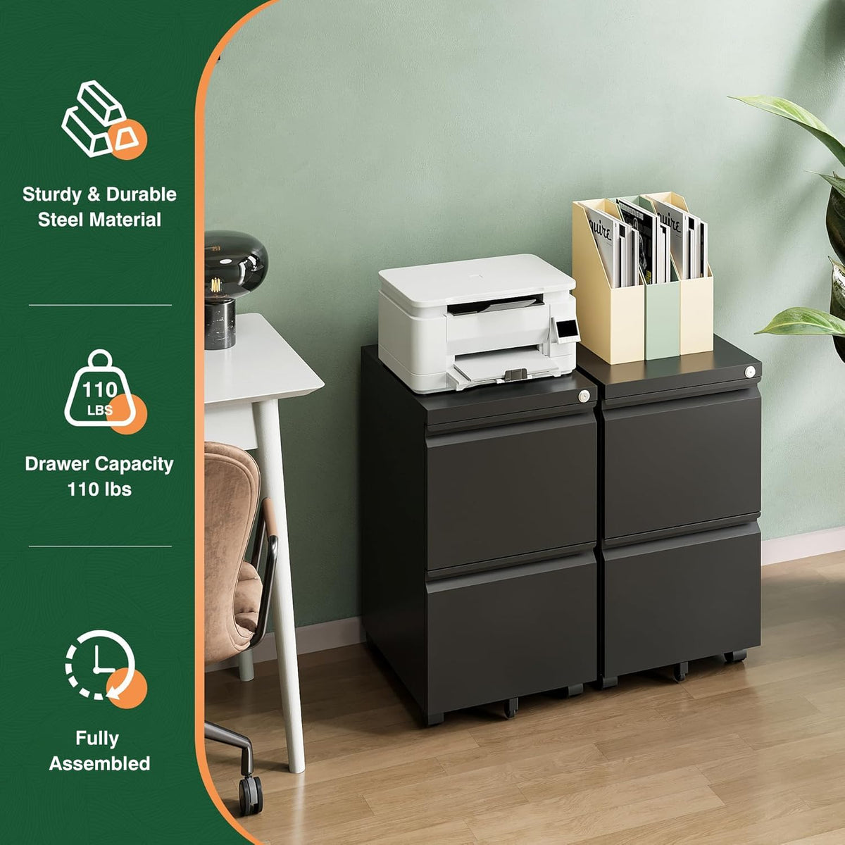 2 Drawer Black Metal Mobile File Cabinet with Lock W4922