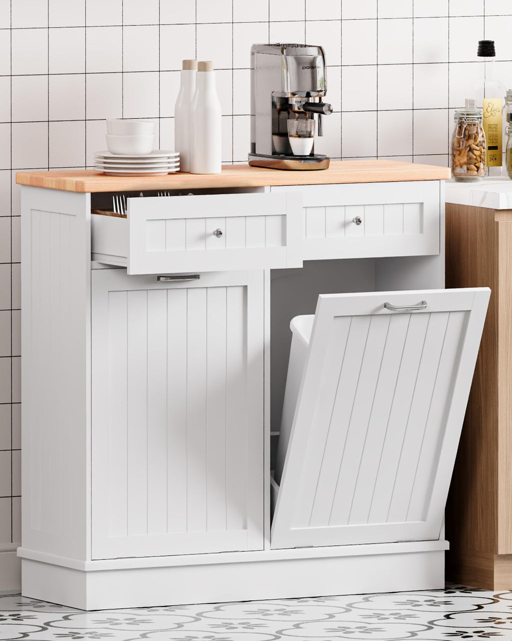 2 x 10 Gallon White Tilt Out Trash Cabinet with 2 Storage Drawer B131125
