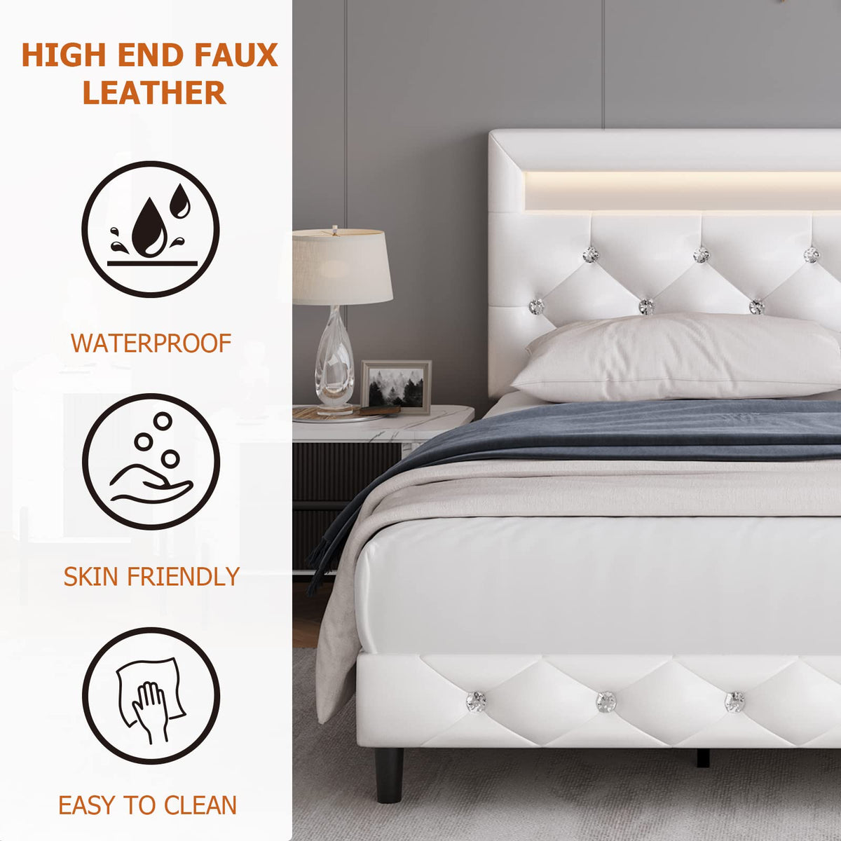 White Faux Leather Upholstered Full Size Platform Bed Frame N644289