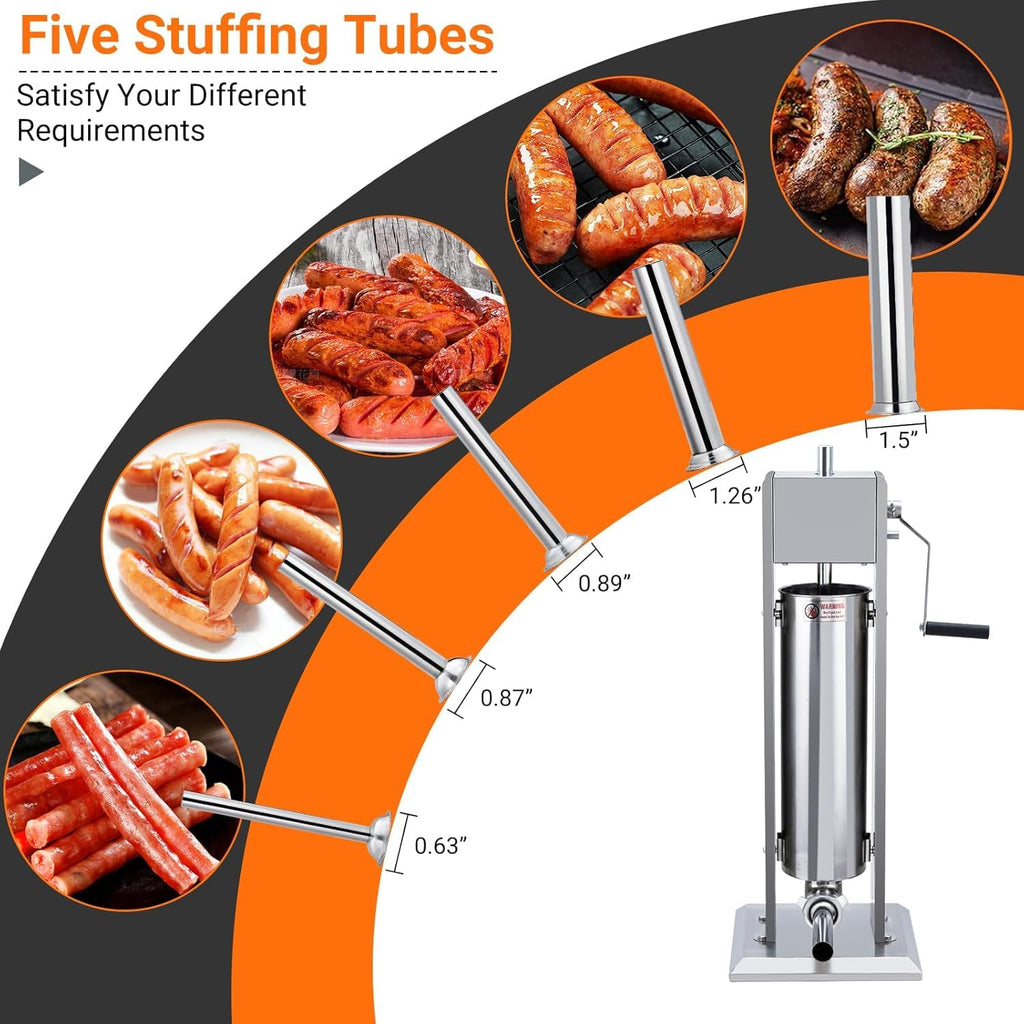 Two Speed Stainless Steel Vertical 15LBS Sausage Stuffer with 5 Stuffing Tubes R94113
