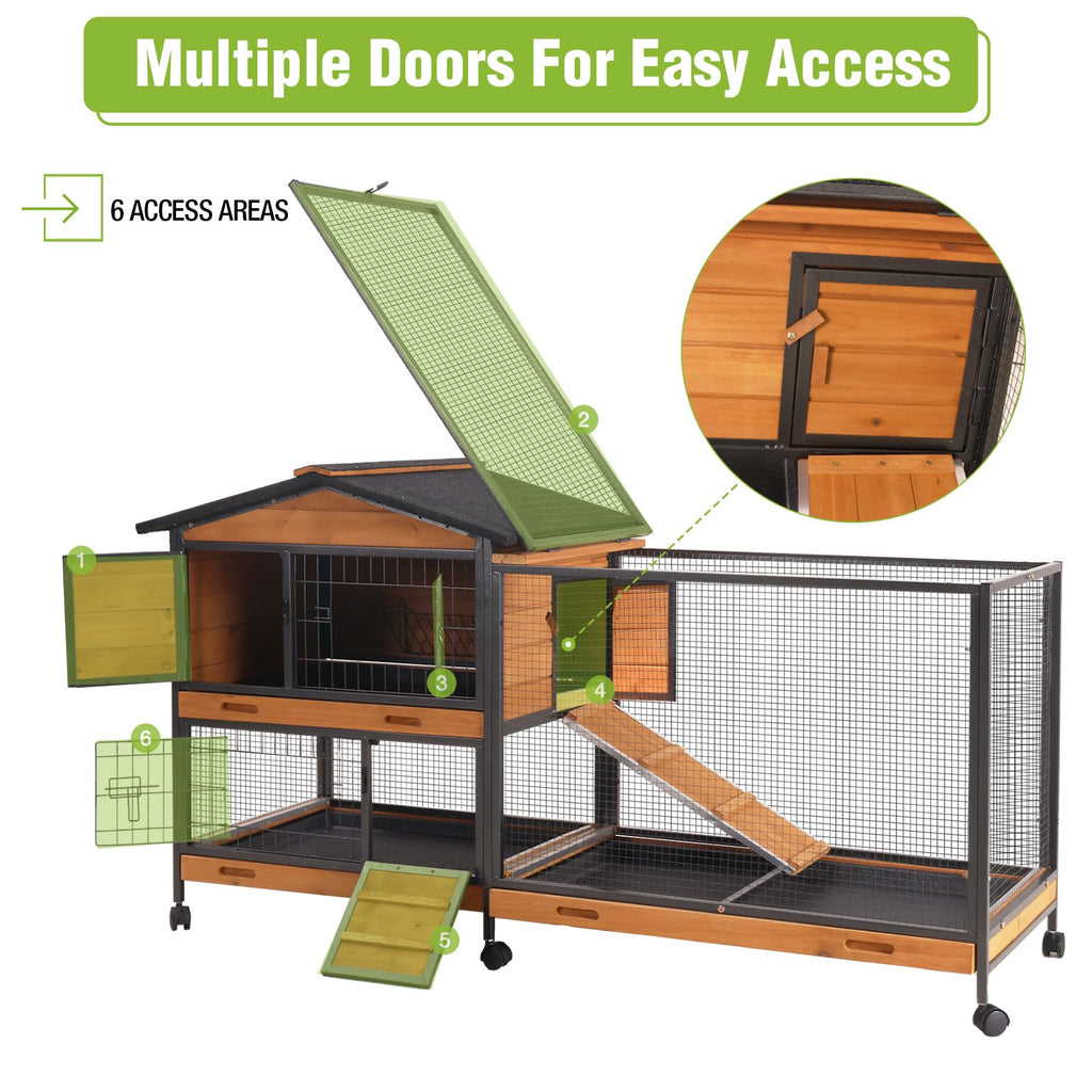 Wooden Rabbit Hutch with Wheels and Pull-Out Tray U767