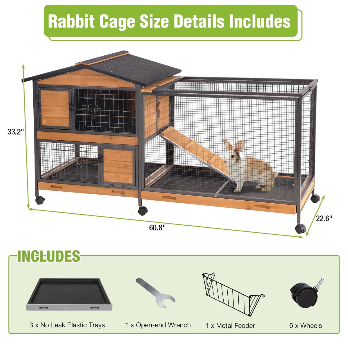 Wooden Rabbit Hutch with Wheels and Pull-Out Tray U767