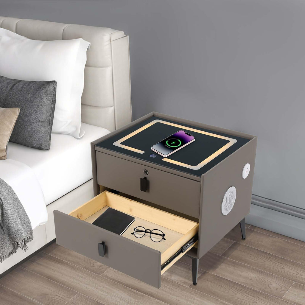 Dark Grey Smart Nightstand with Wireless Charging and LED Lights D221