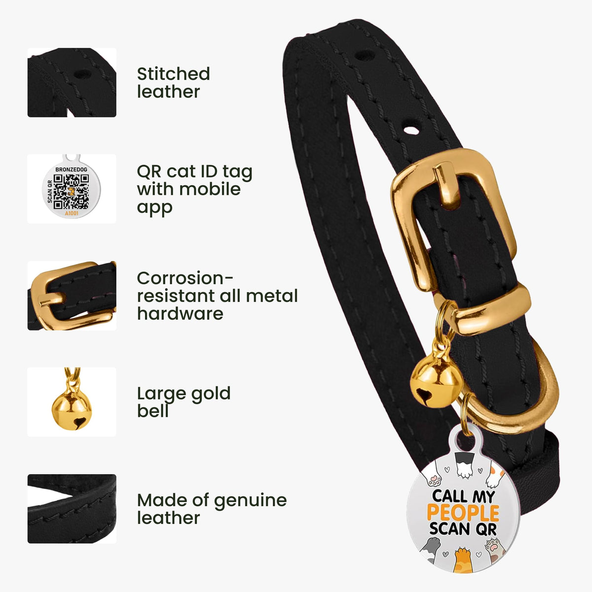Black Gold Leather Cat Collar with Removable Bells O769