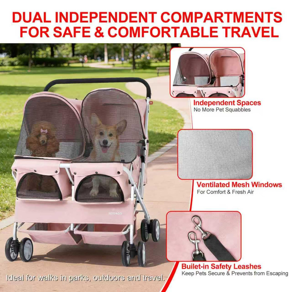 Double Pet Stroller for 2 Small Dogs & Cats, Side-by-Side Twin Travel Carriage with Safety Leashes, Mesh Windows & Double Storage Baskets, Lightweight & Foldable, 44lbs Capacity, Pink Y700273
