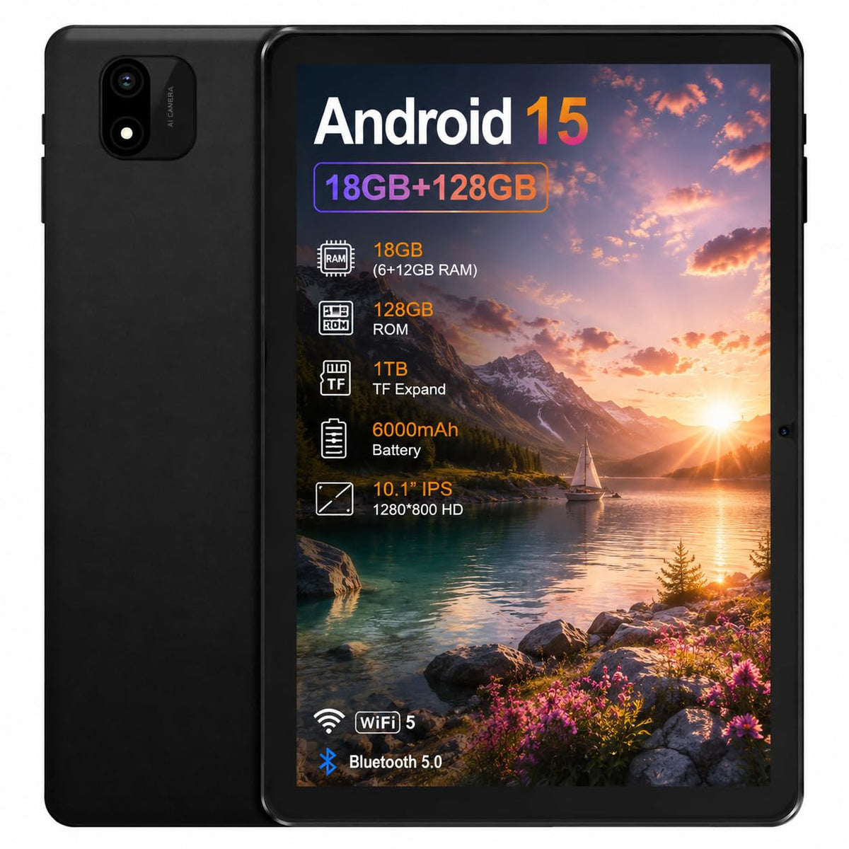 Android 15 Tablet, 10.1 Inch 18GB RAM 128GB ROM, 1TB Expandable, 1280 * 800 HD Display, 5G WiFi, BT5, 6000mAh Battery, GMS O647813