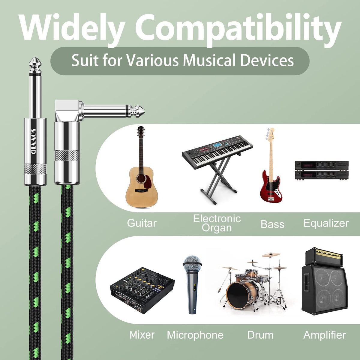 10FT Electric Guitar & Bass Guitar Cable with Right Angle 1/4 Inch Connector D14214