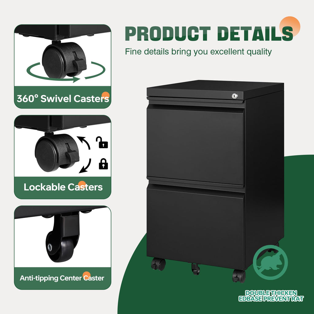 2 Drawer Black Metal Mobile File Cabinet with Lock W4922