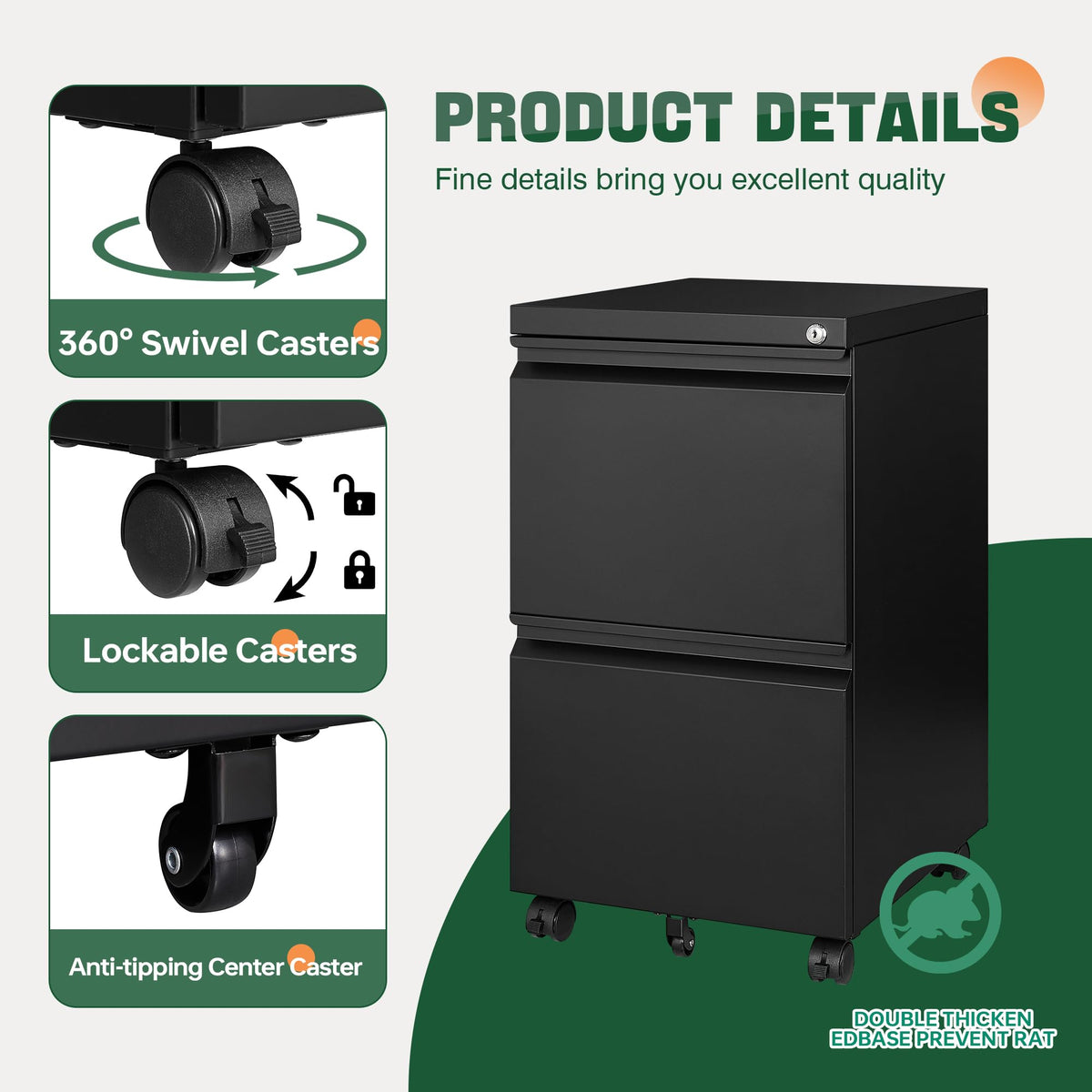 2 Drawer Black Metal Mobile File Cabinet with Lock W4922
