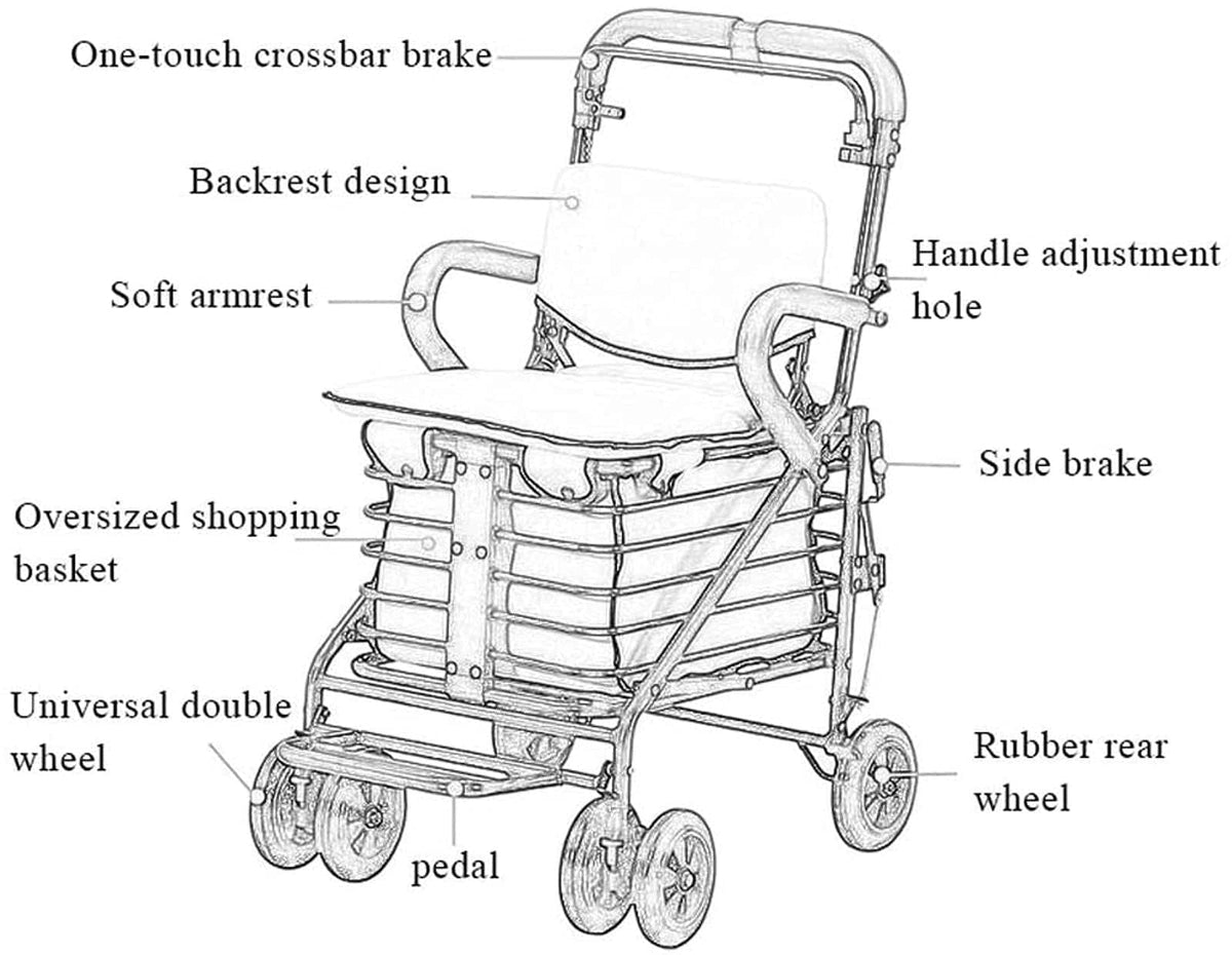 Rollator Walker Shopping Trolley with Seat Pedal Side Brake Red C67858
