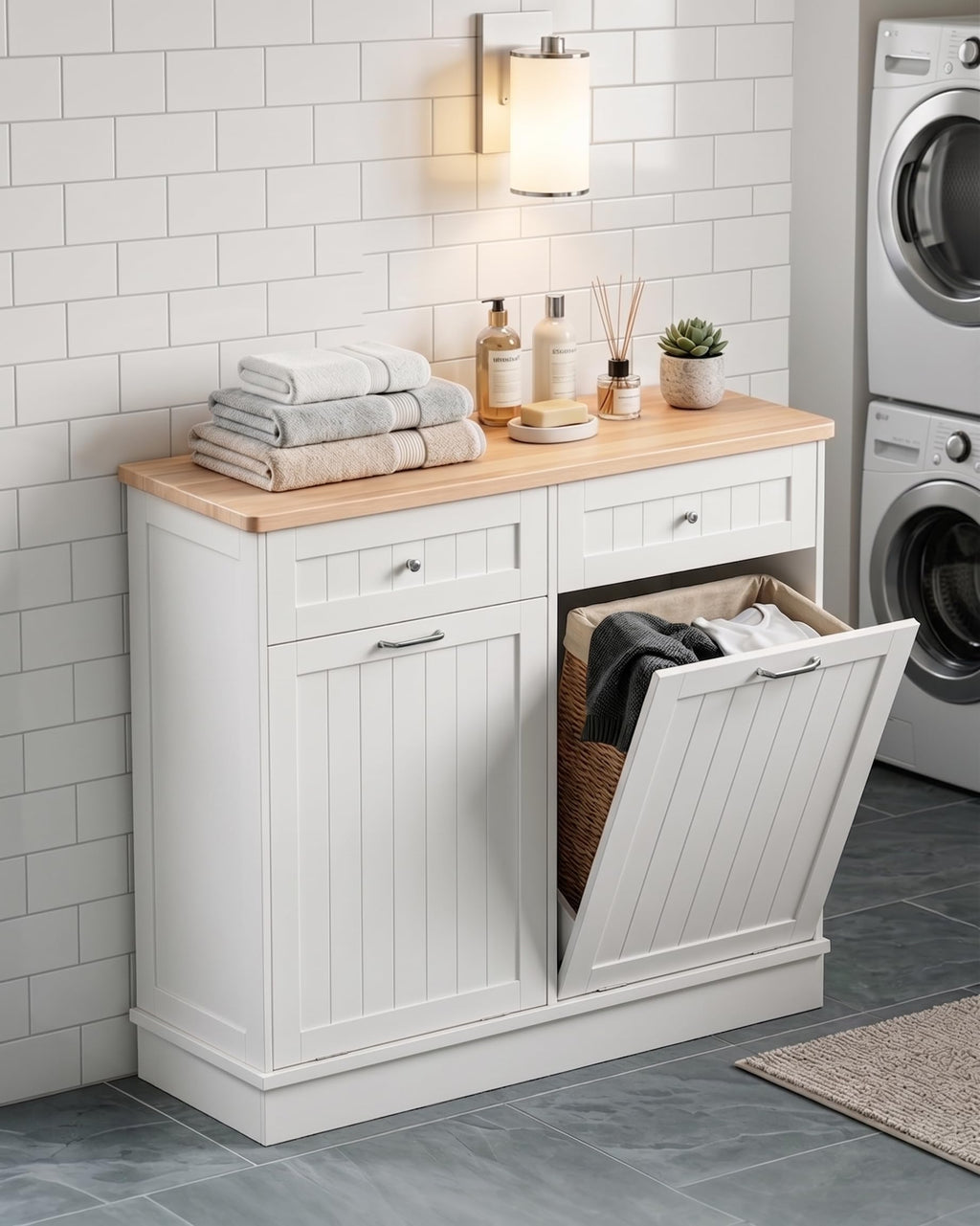 2 x 10 Gallon White Tilt Out Trash Cabinet with 2 Storage Drawer B131125