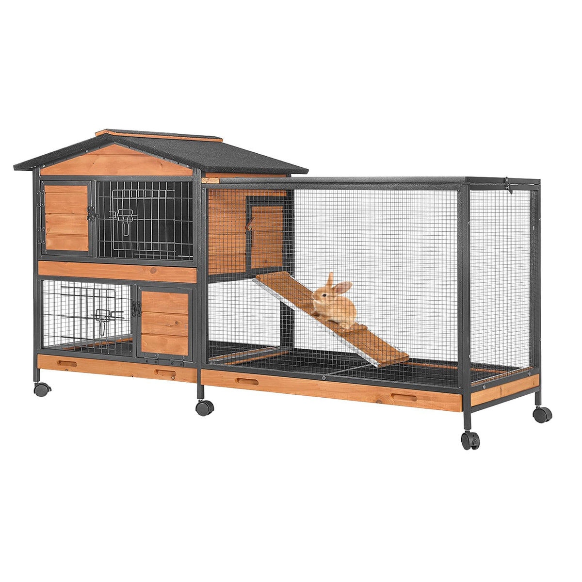 Wooden Rabbit Hutch with Wheels and Pull-Out Tray U767