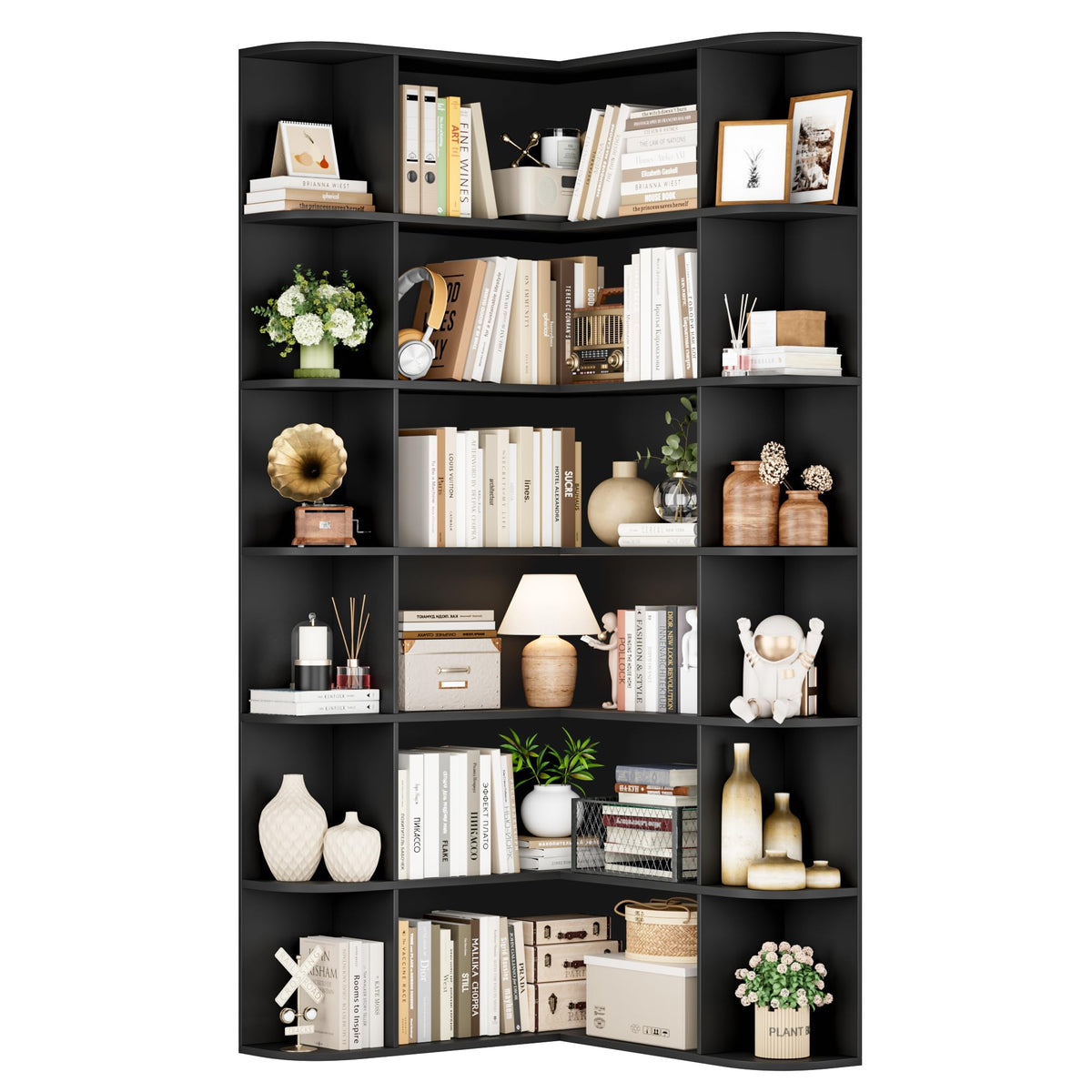 72" Tall 6-Tier Black Corner Bookshelf Q106
