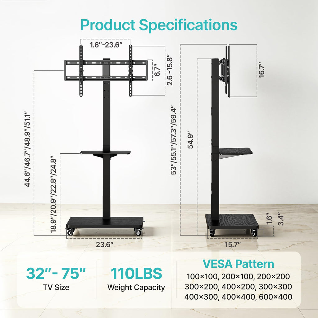 Rolling TV Stand with Power Outlet for 32-75 Inch TVs Y318589