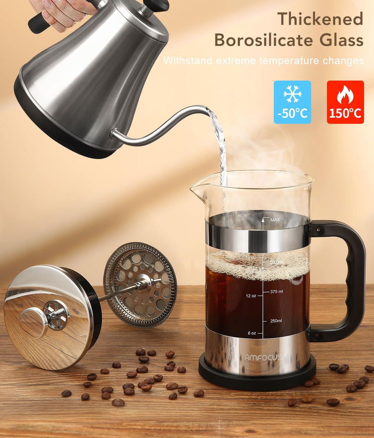 French Press Coffee Maker 21OZ Borosilicate Glass L40177
