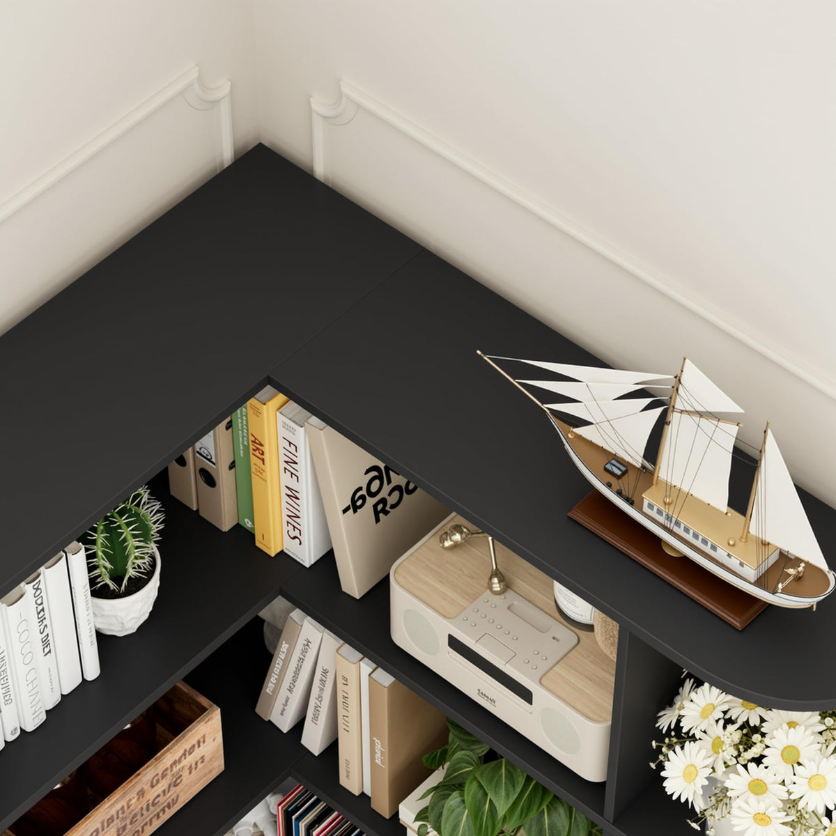 72" Tall 6-Tier Black Corner Bookshelf Q106