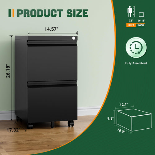2 Drawer Black Metal Mobile File Cabinet with Lock W4922