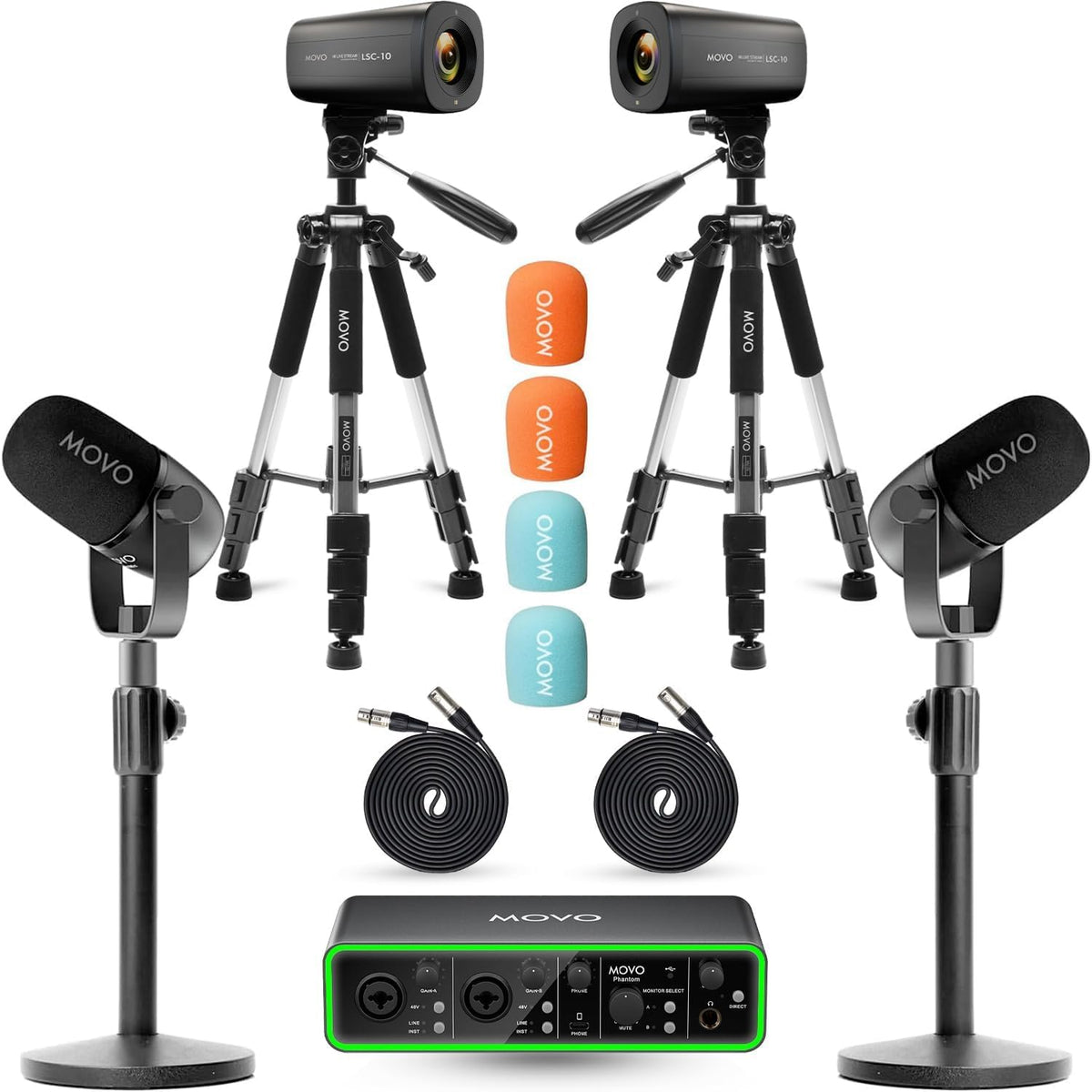 USB Audio Interface 2 XLR Dynamic Microphones 2 4K UHD Cameras Podcast Equipment Bundle K350