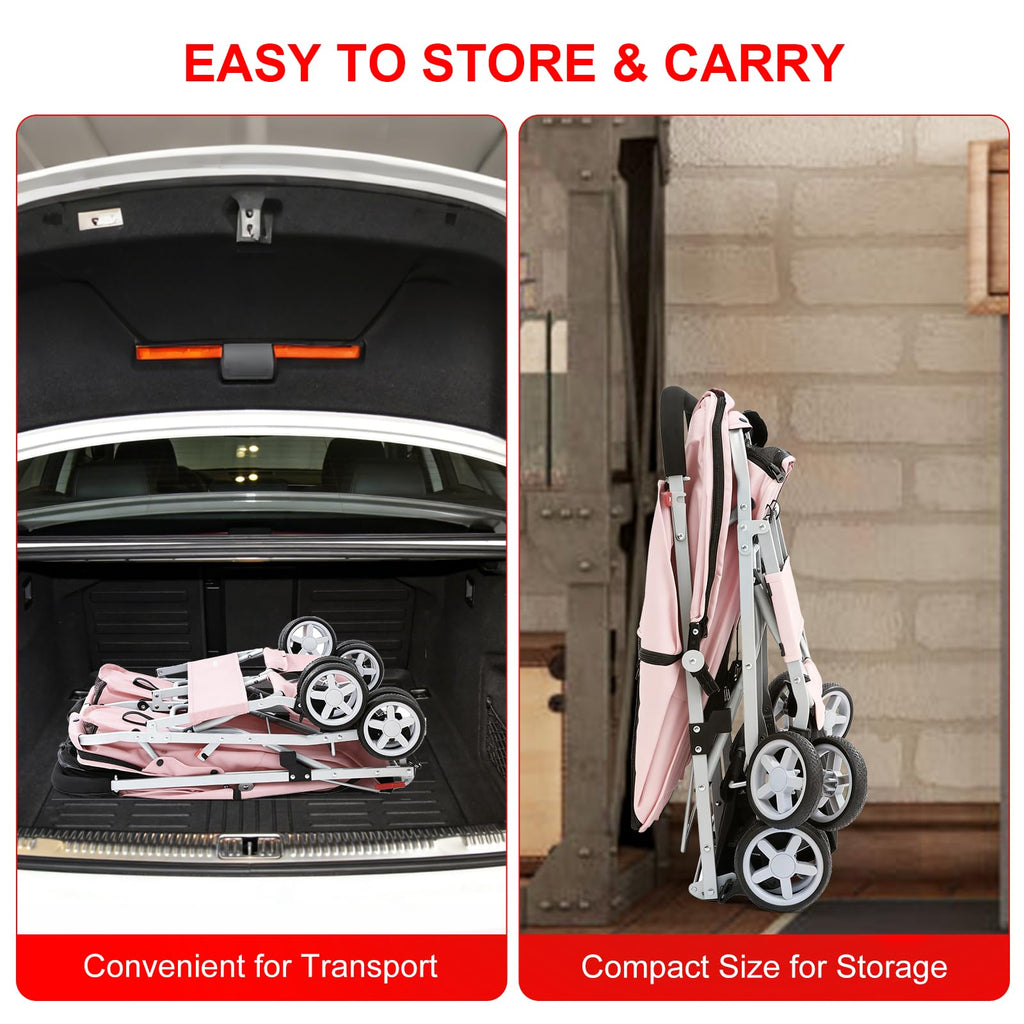 Double Pet Stroller for 2 Small Dogs & Cats, Side-by-Side Twin Travel Carriage with Safety Leashes, Mesh Windows & Double Storage Baskets, Lightweight & Foldable, 44lbs Capacity, Pink Y700273