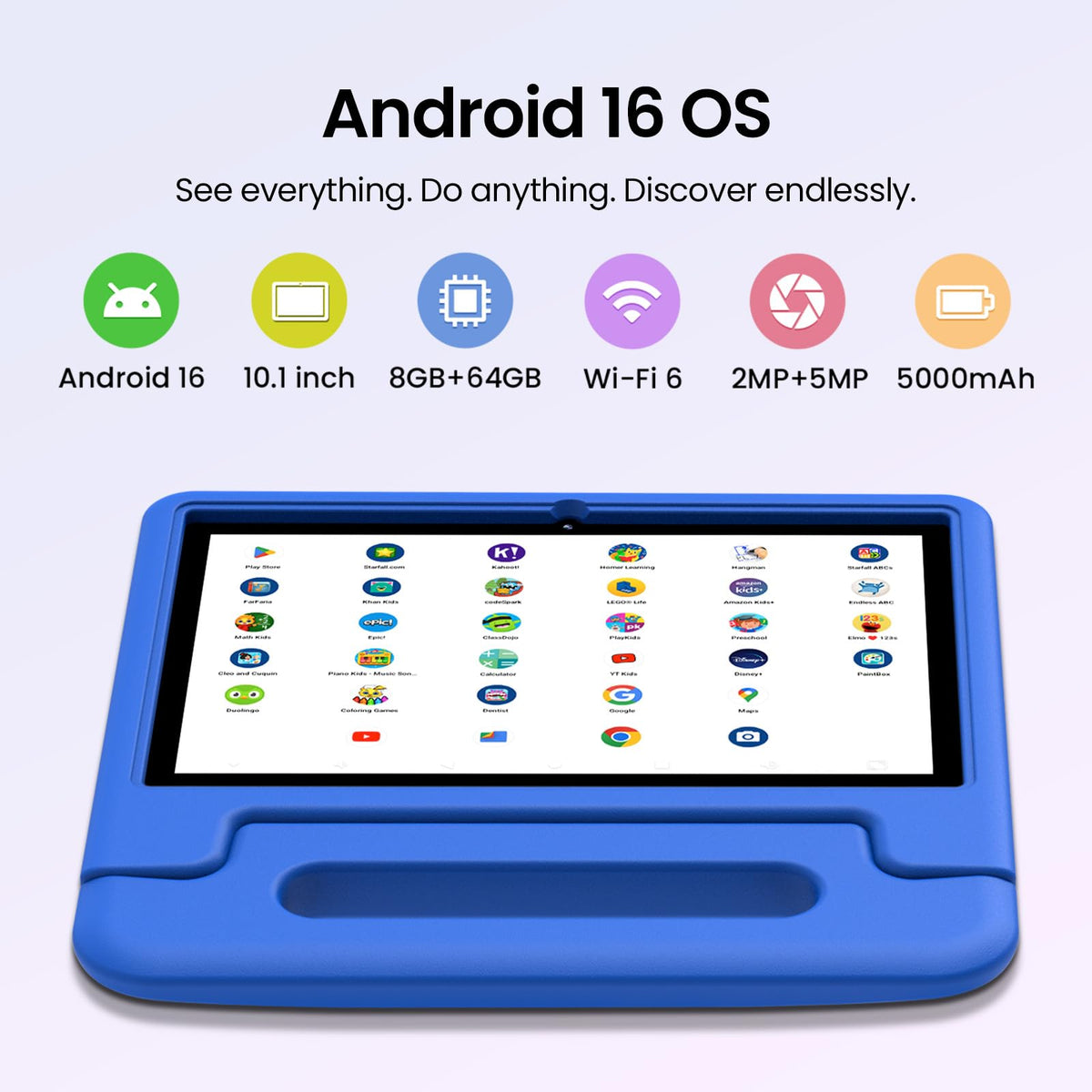 Android 16 Kids Tablet 10 Inch HD Display 8GB RAM 64GB ROM Blue P102