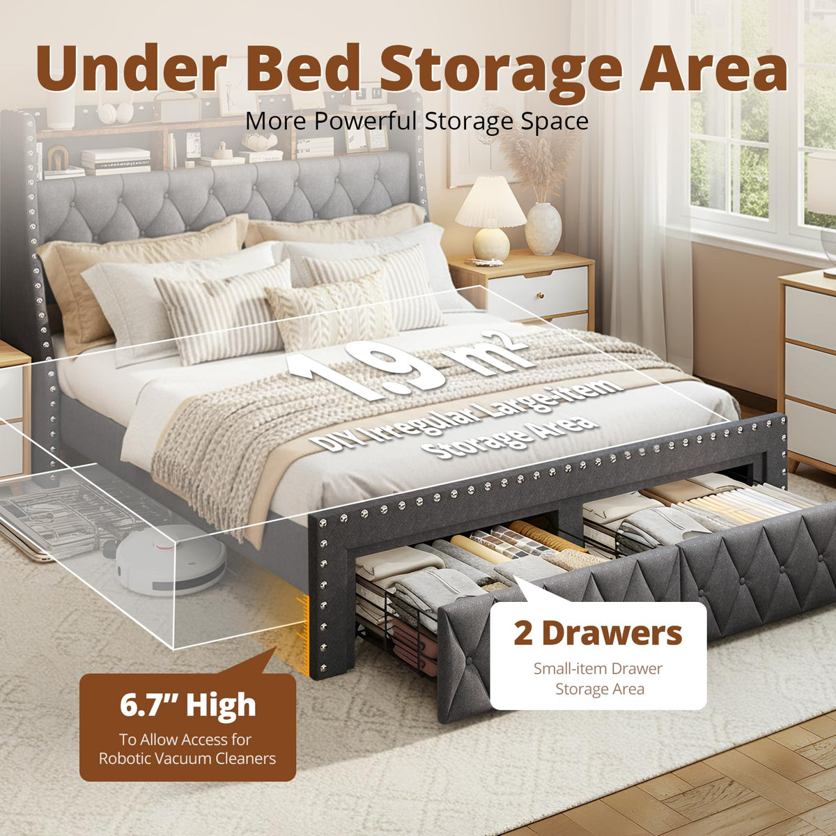 1000LBs Full Bed Frame with Hidden Storage, 2 Drawers and Charging Station P9228