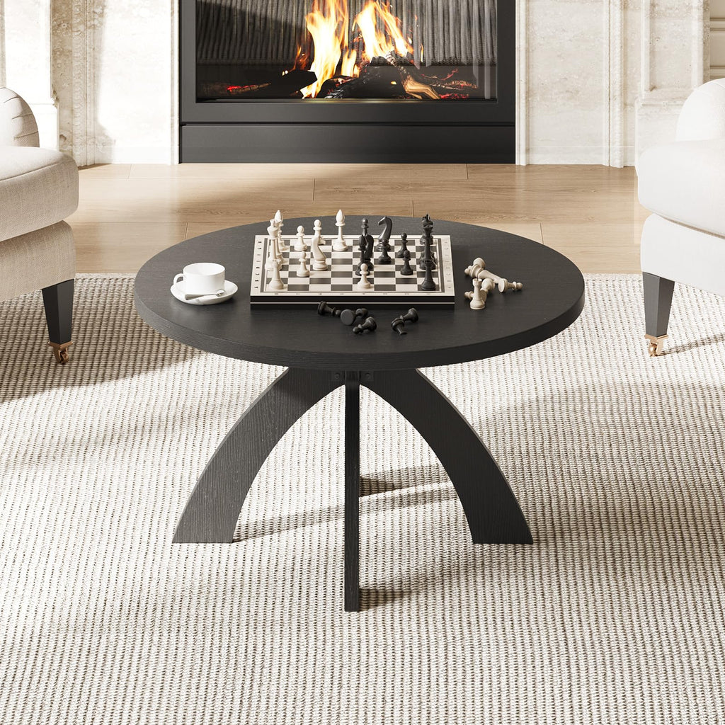 31.5" Round Wood Coffee Table with Cross Legs, Black K71540