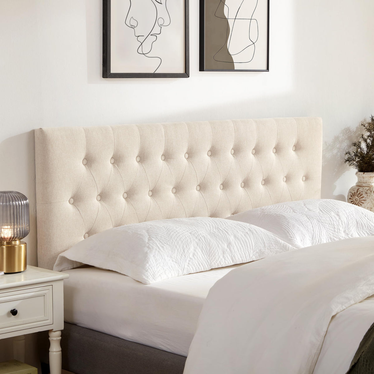 Beige Tufted Upholstered Queen Size Headboard C4414