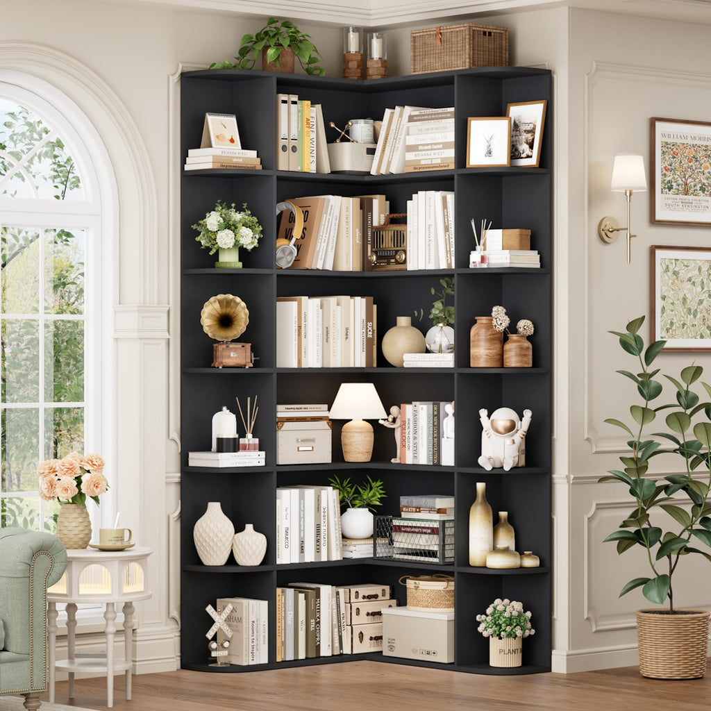72" Tall 6-Tier Black Corner Bookshelf Q106