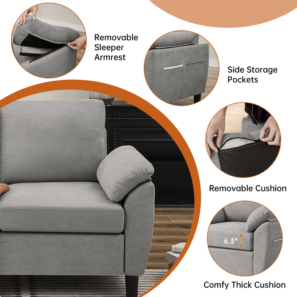 Light Grey Linen Loveseat Sofa with Side Pocket D76417
